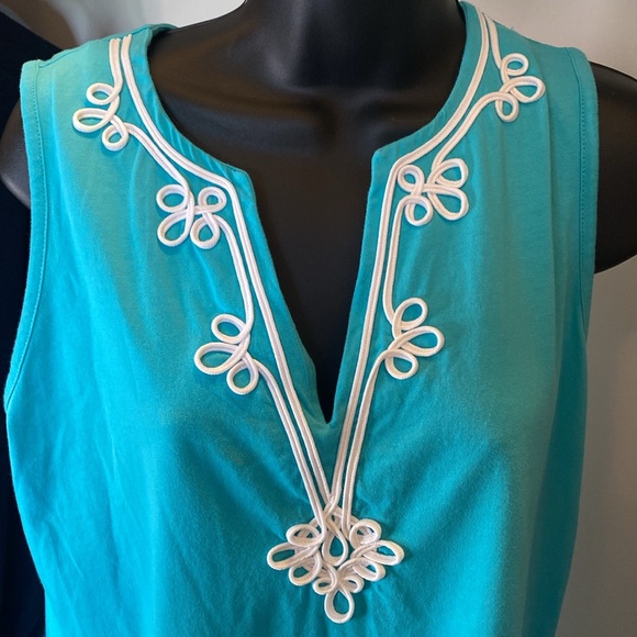 Lands End Jersey Style Chic Aqua Blue Sleeveless Dress with White Embroidery M - Picture 6 of 8